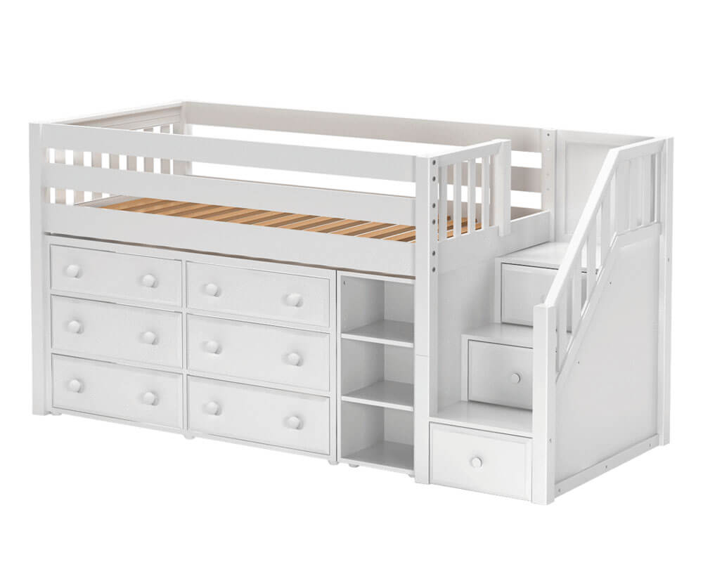 white loft bed with stairs
